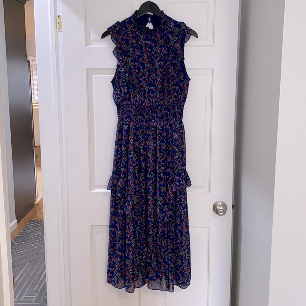 Evalina Navy Blue Floral Print Mock Neck Midi Dress